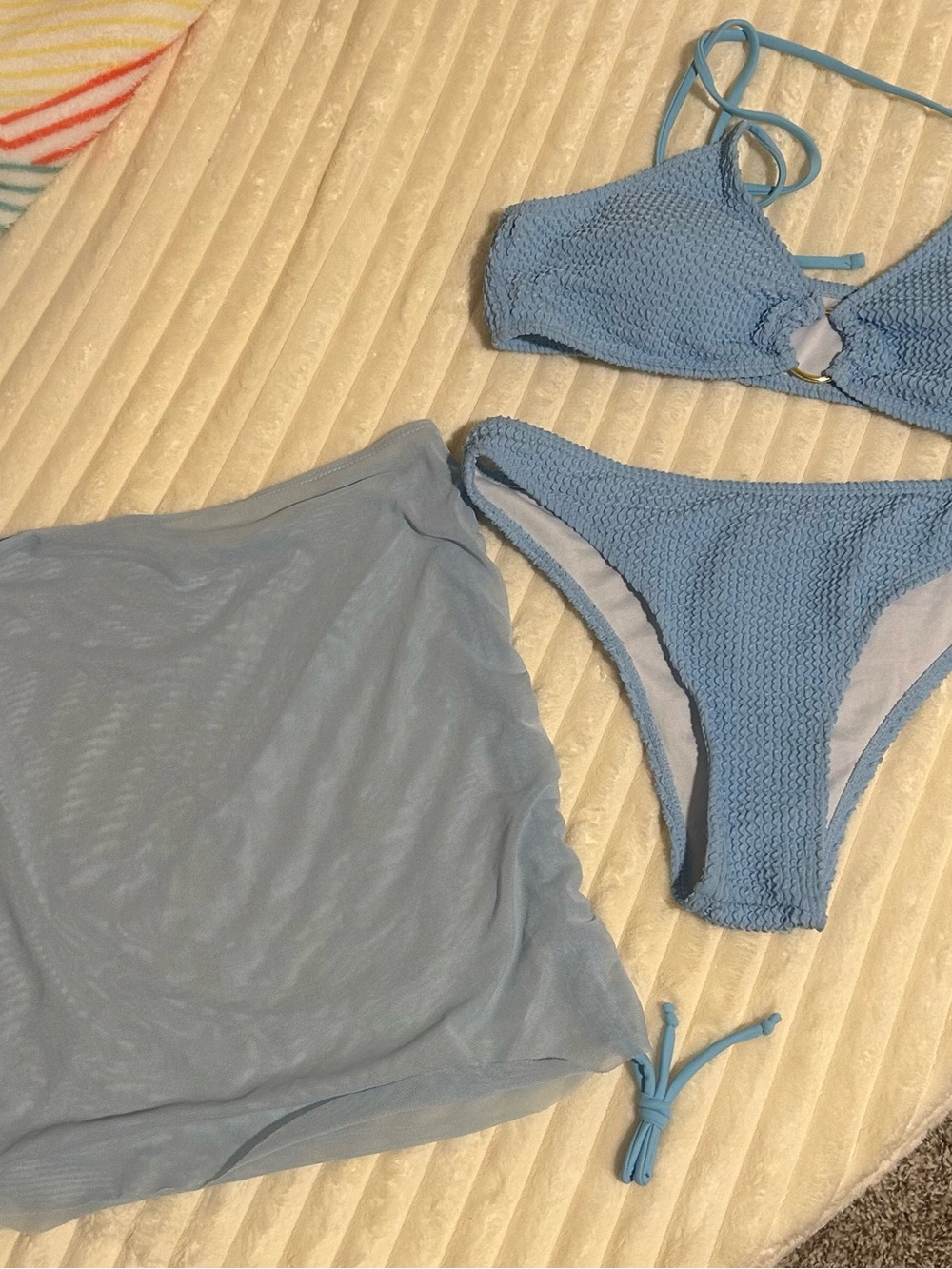 NWOT Light Blue Textured Bikini Set with Mesh Cover-Up